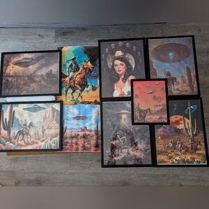 Vintage Aesthetic Western and UFO Art Prints Framed Cowboys Aliens Weirdcore